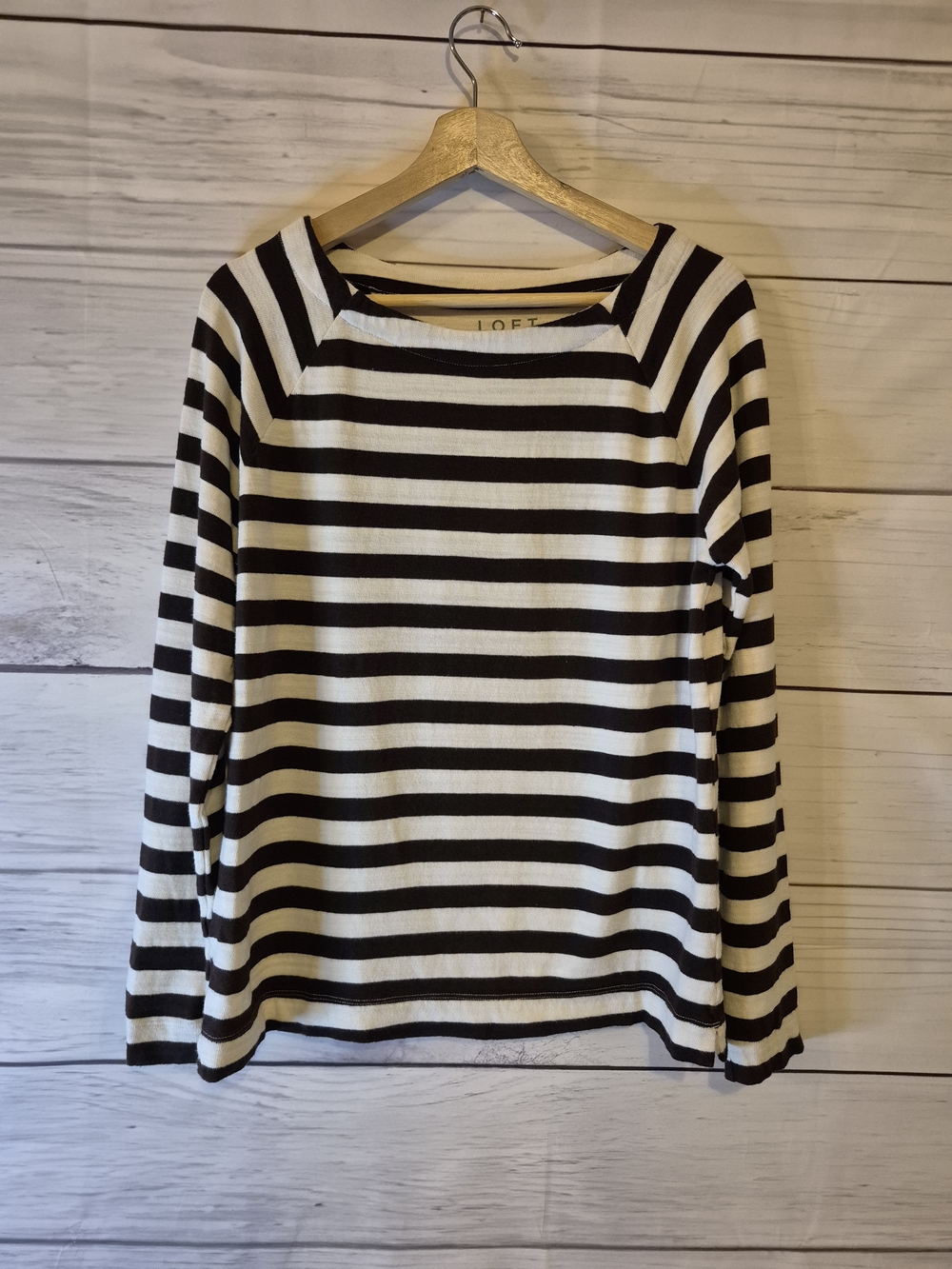 LOFT Brown & Cream Striped Boat-Neck Sweater Classic 100% Cotton Top Medium